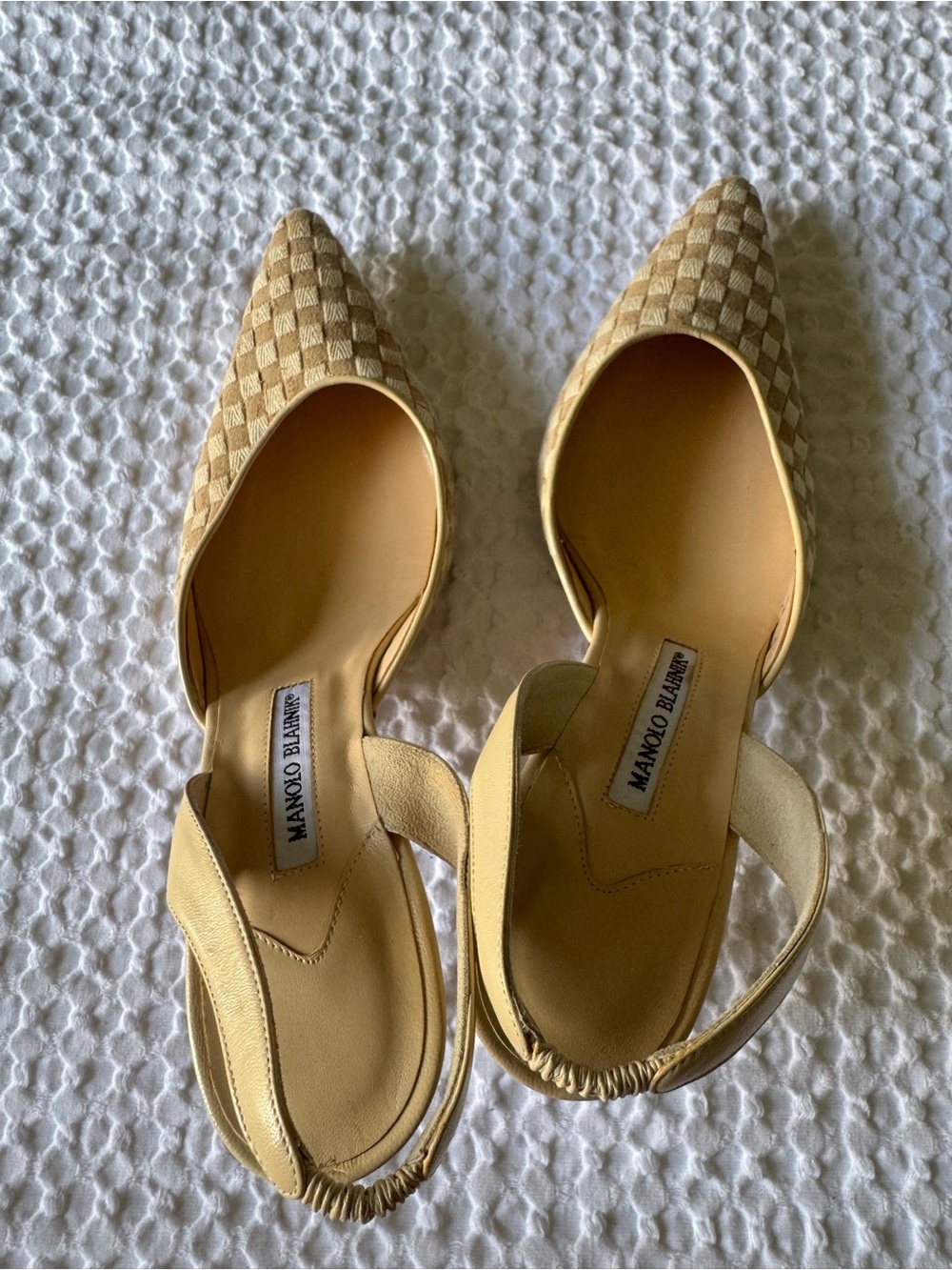 Manolo Blahnik Yellow Checked Slingback Pointed-Toe Mules - Picture 2 of 13